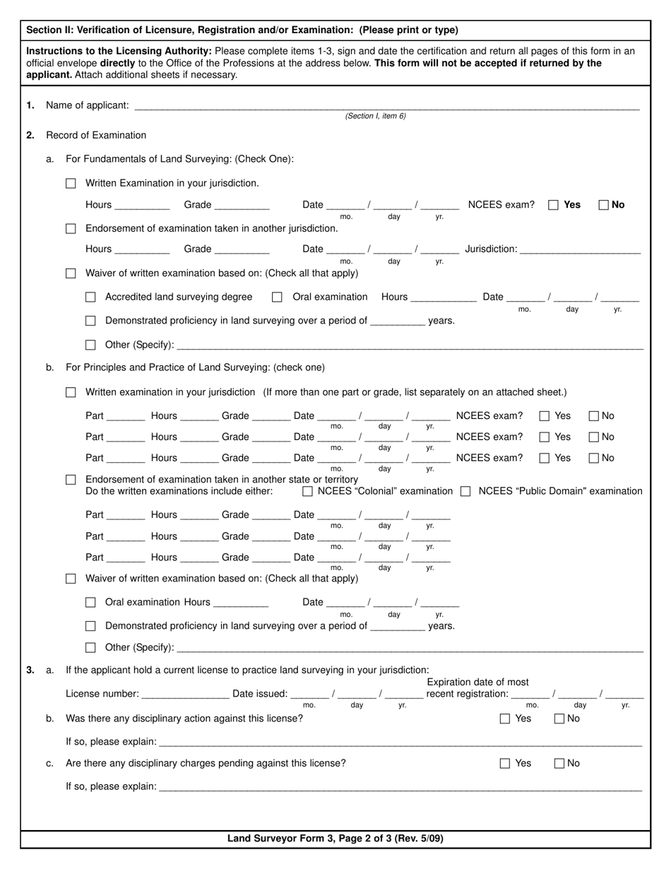 Land Surveyor Form 3 Verification of Out-of-State Licensure, Registration and / or Examination - New York, Page 2