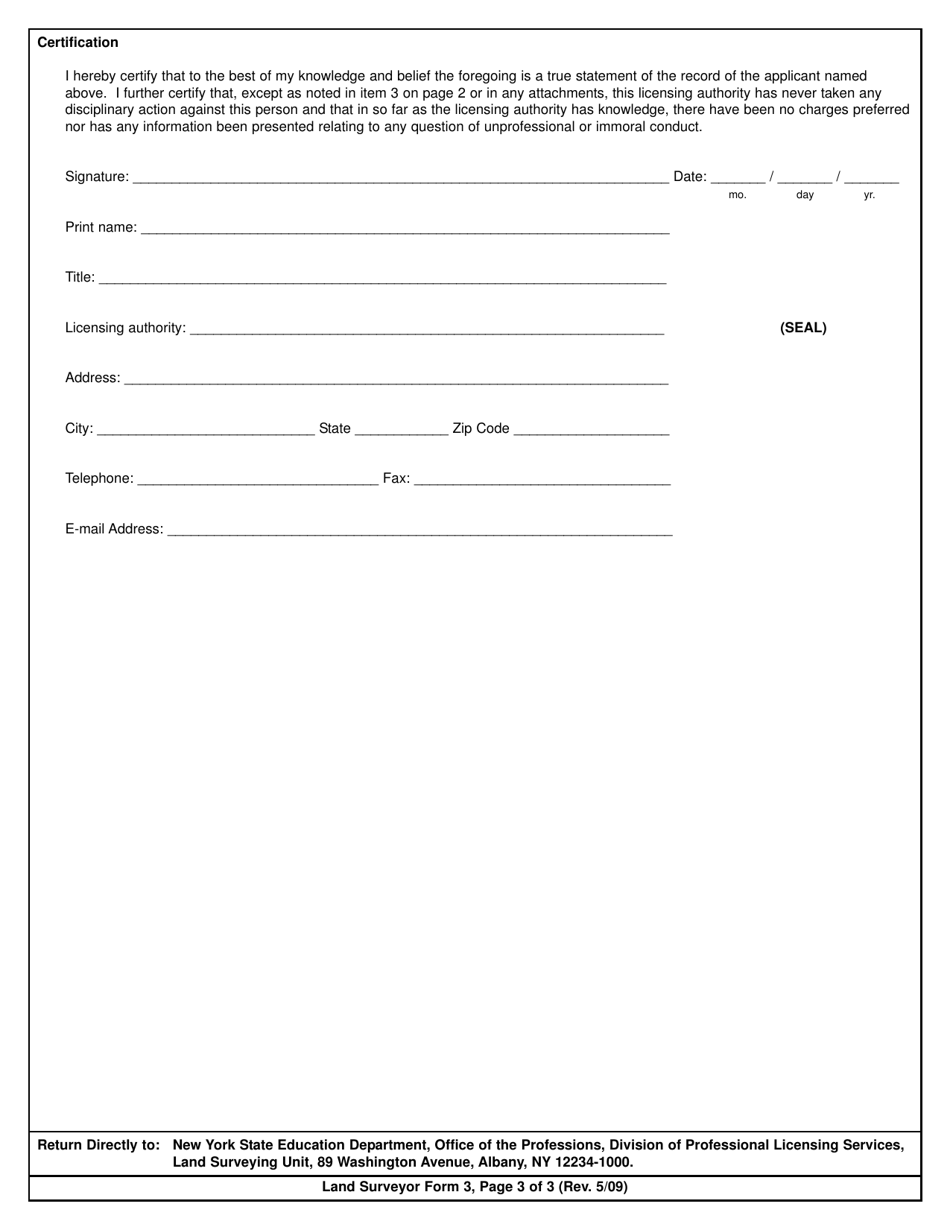 Land Surveyor Form 3 Verification of Out-of-State Licensure, Registration and / or Examination - New York, Page 3