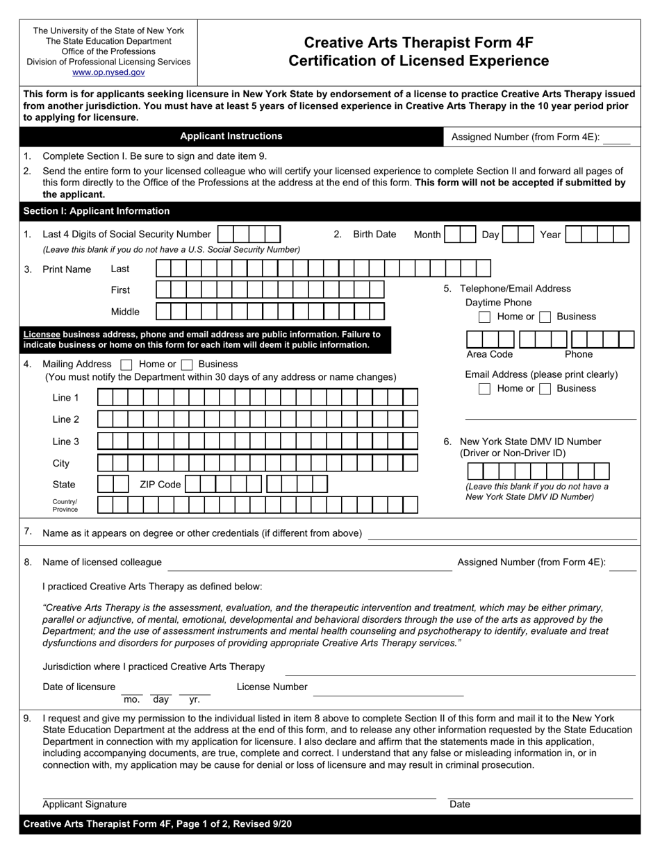 Creative Arts Therapist Form 4F Certification of Licensed Experience - New York, Page 1