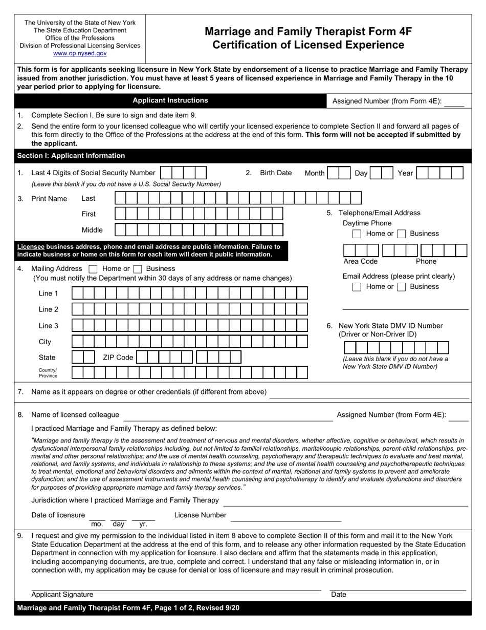 Marriage and Family Therapist Form 4F Certification of Licensed Experience - New York, Page 1
