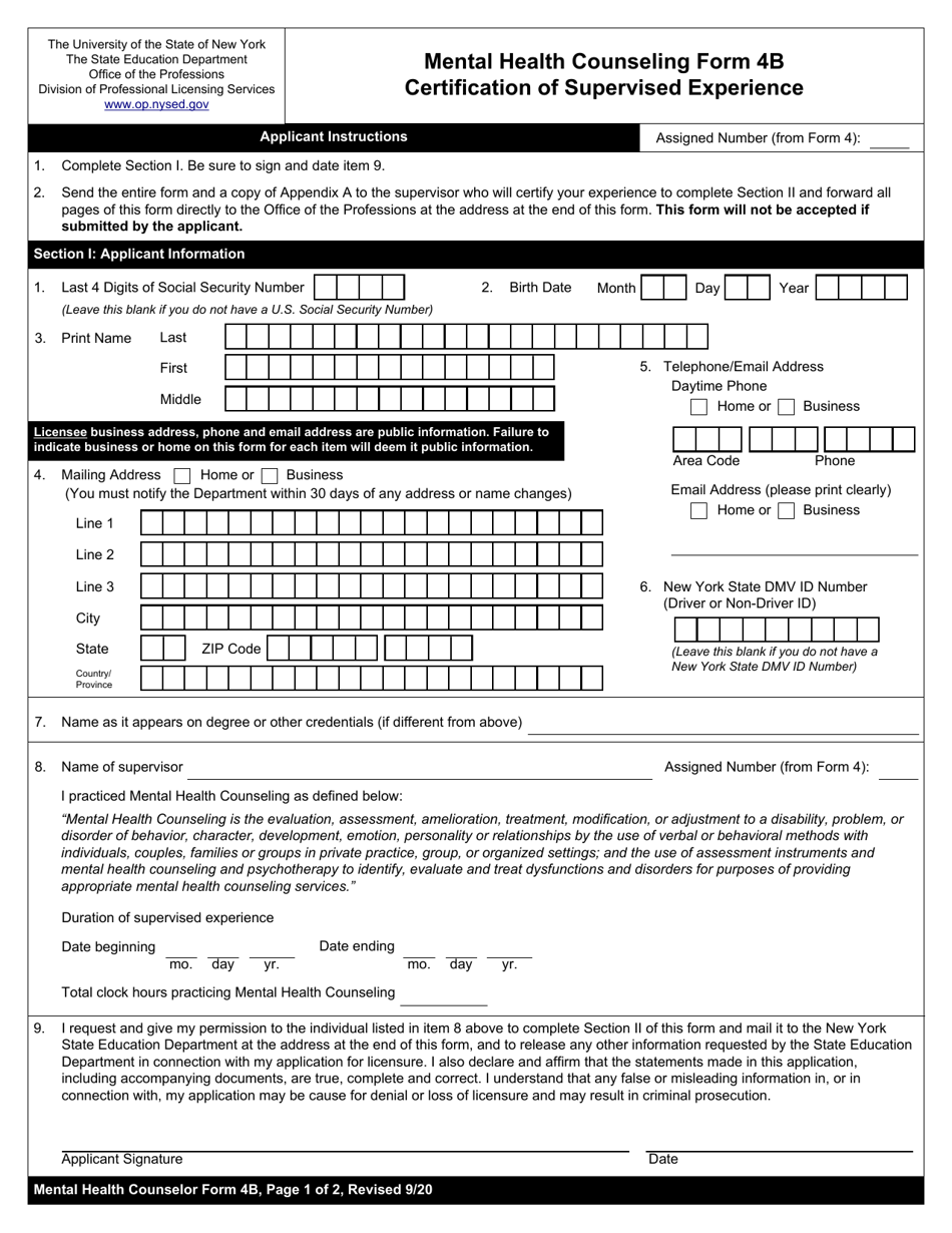 Mental Health Counseling Form 4B Download Fillable PDF or Fill Online ...