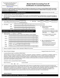 Document preview: Mental Health Counseling Form 4F Certification of Licensed Experience - New York