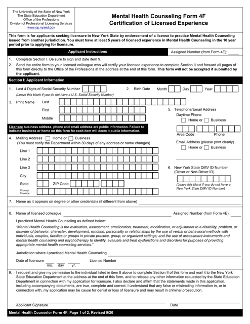Mental Health Counseling Form 4F Certification of Licensed Experience - New York