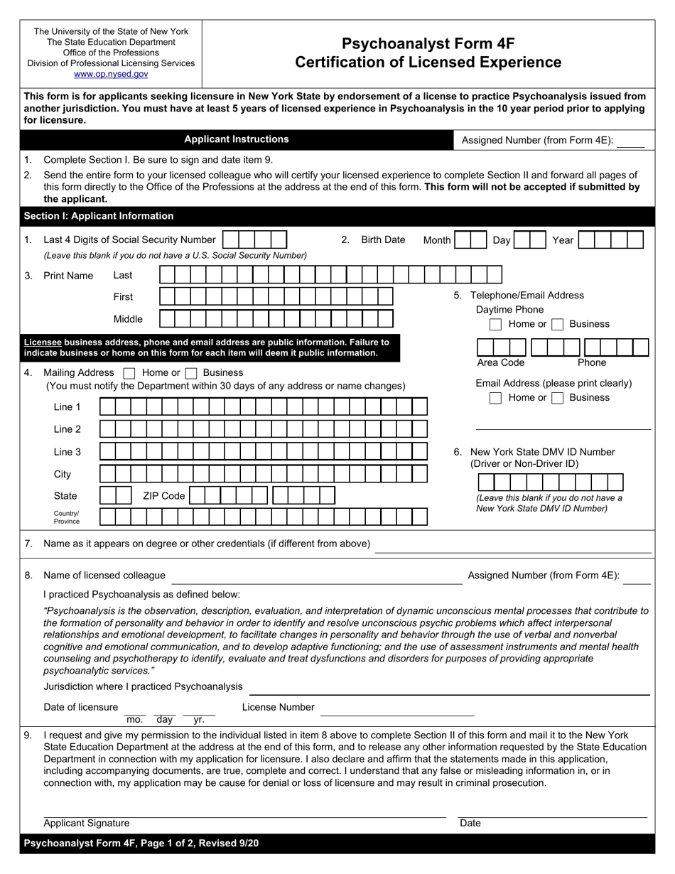 Psychoanalyst Form 4F Certification of Licensed Experience - New York, Page 1