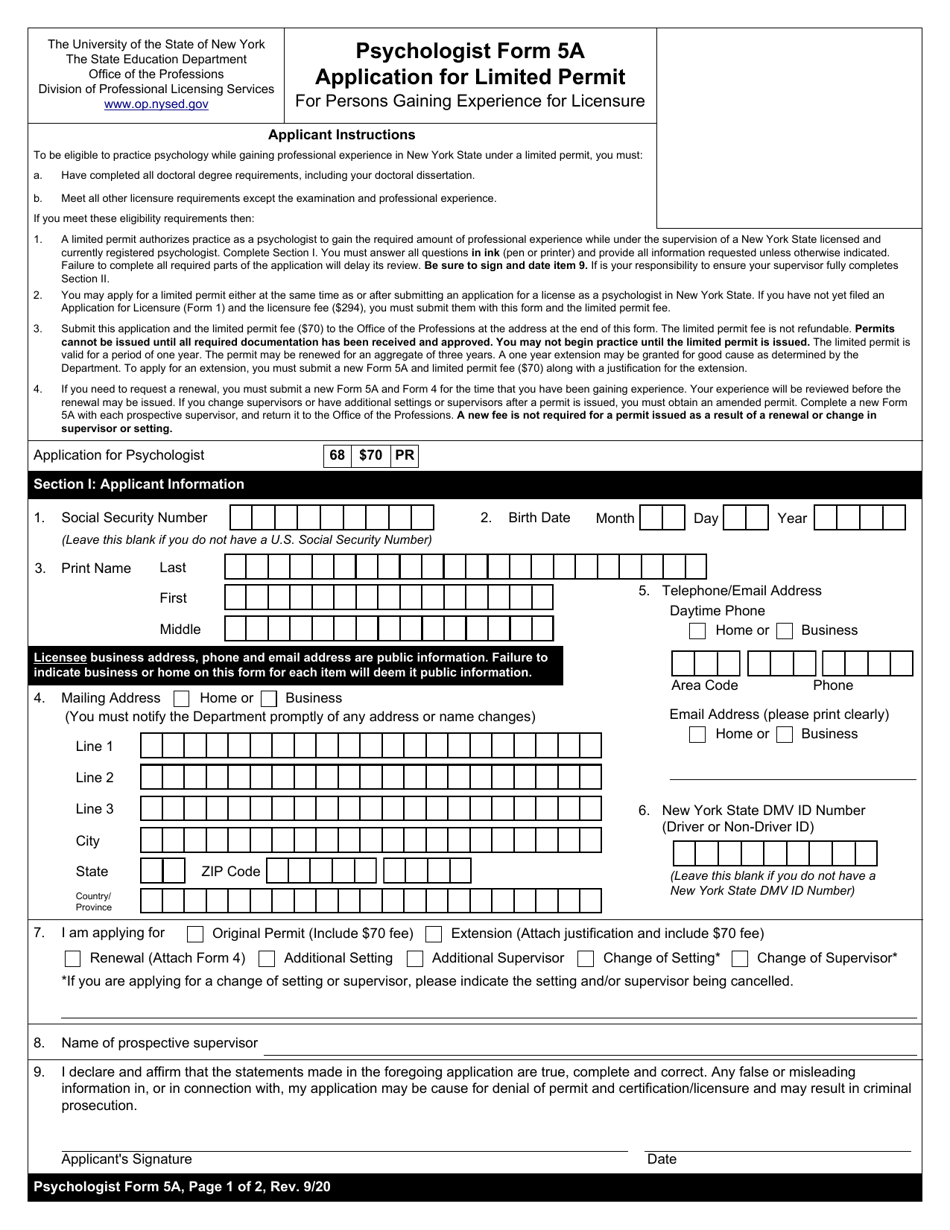 Psychologist Form 5A Application for Limited Permit for Persons Gaining Experience for Licensure - New York, Page 1