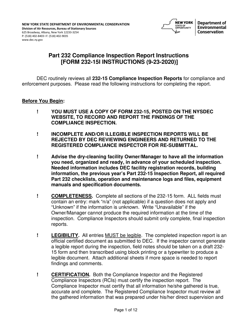 Instructions for Form 232-15 Part 232 Dry Cleaning Facility Compliance Inspection Report - New York, Page 1