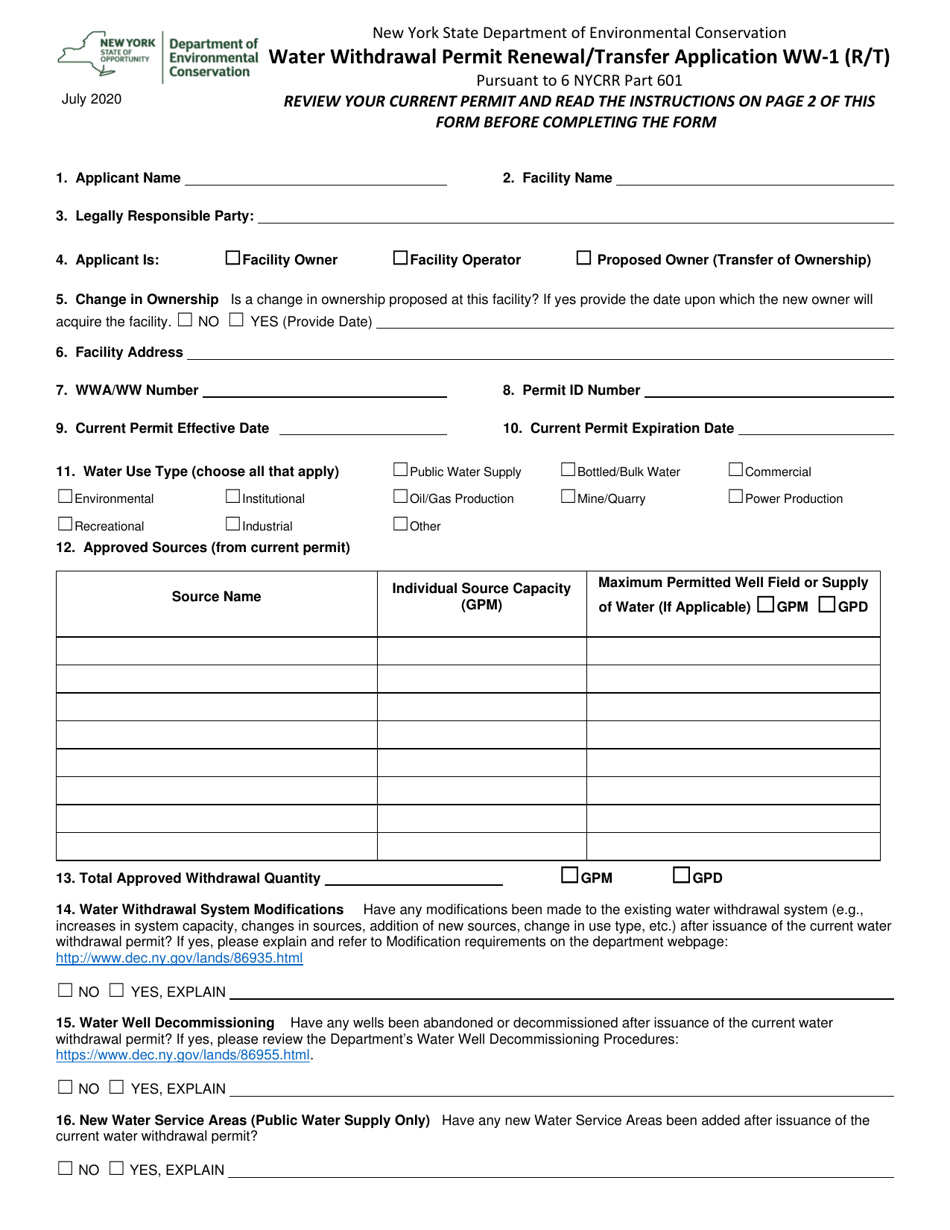 Form WW-1 (R / T) Water Withdrawal Permit Renewal / Transfer Application - New York, Page 1