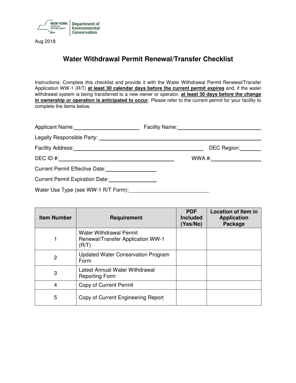 Water Withdrawal Permit Renewal / Transfer Checklist - New York, Page 1