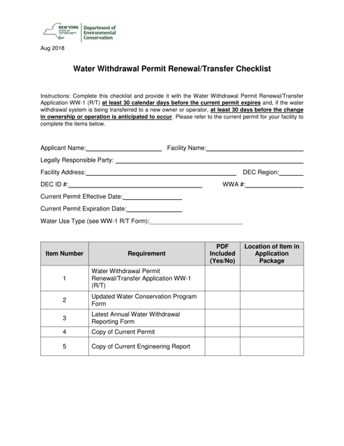 New York Water Withdrawal Permit Renewal Transfer Checklist Download 