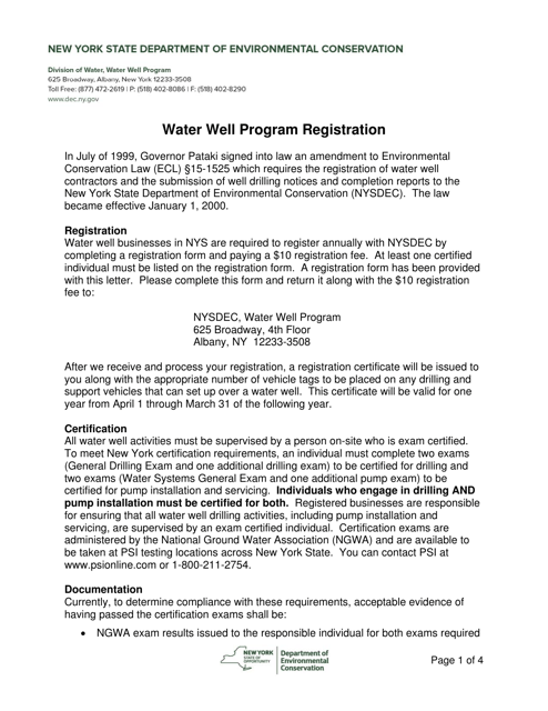 Document preview: New York State Water Well Program Registration - New York