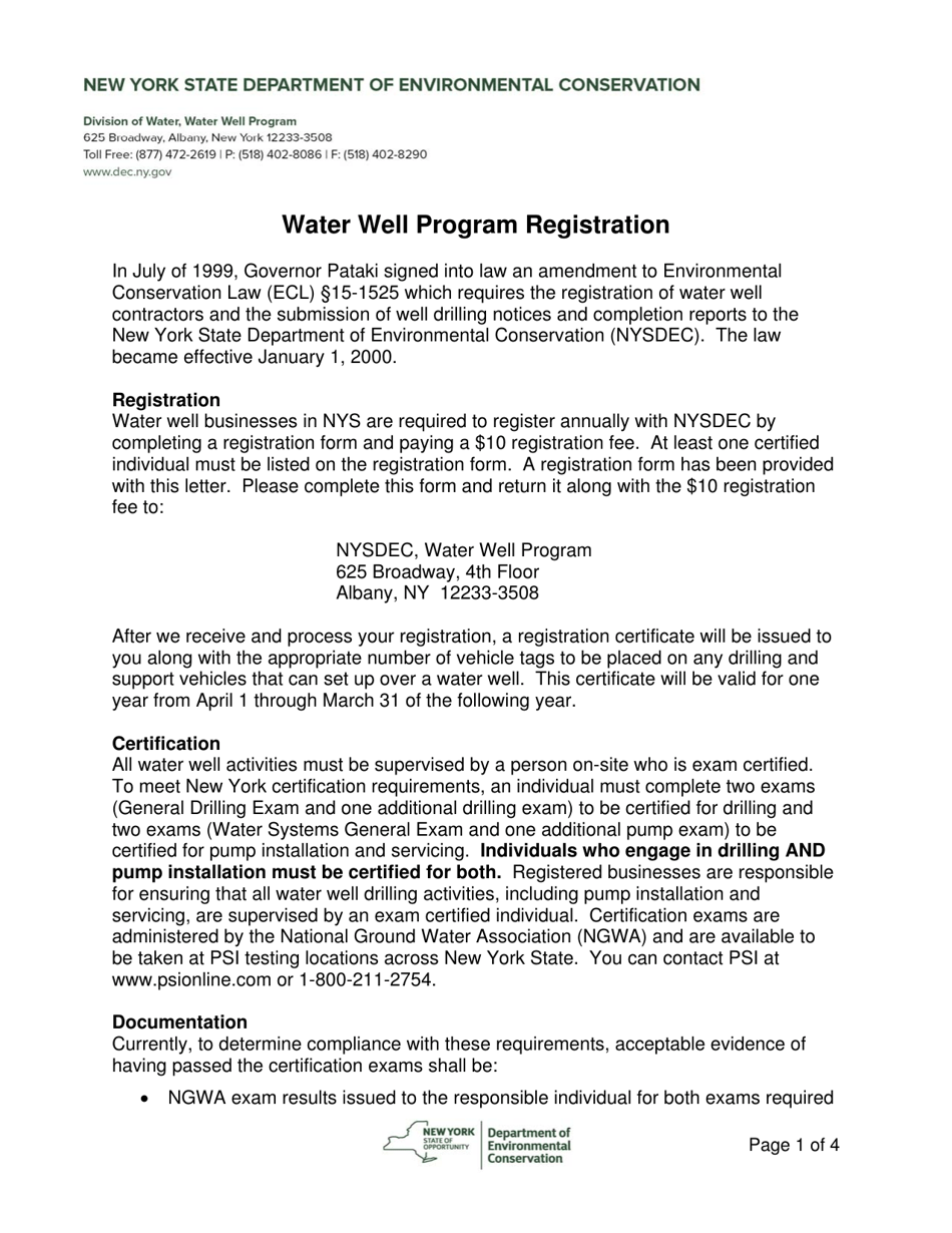 New York State Water Well Program Registration - New York, Page 1