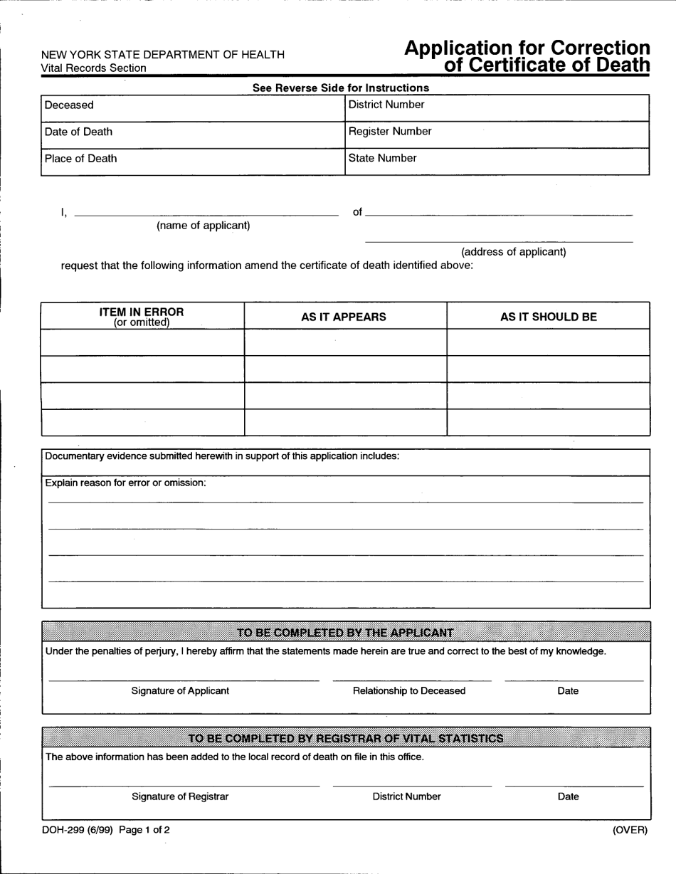 Form DOH-299 Application for Correction of Certificate of Death - New York, Page 1