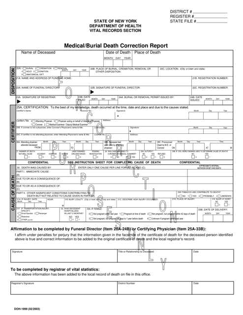 Form DOH-1999 Medical/Burial Death Correction Report - New York