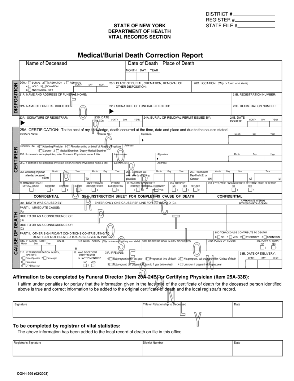 Form DOH-1999 Medical / Burial Death Correction Report - New York, Page 1