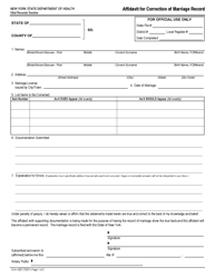 Document preview: Form DOH-1827 Affidavit for Correction of Marriage Record - New York