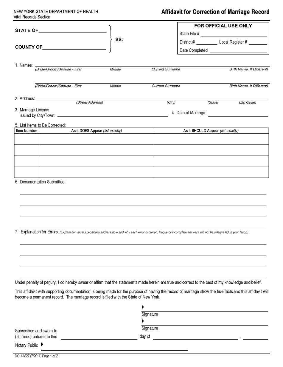 Form DOH-1827 Affidavit for Correction of Marriage Record - New York, Page 1