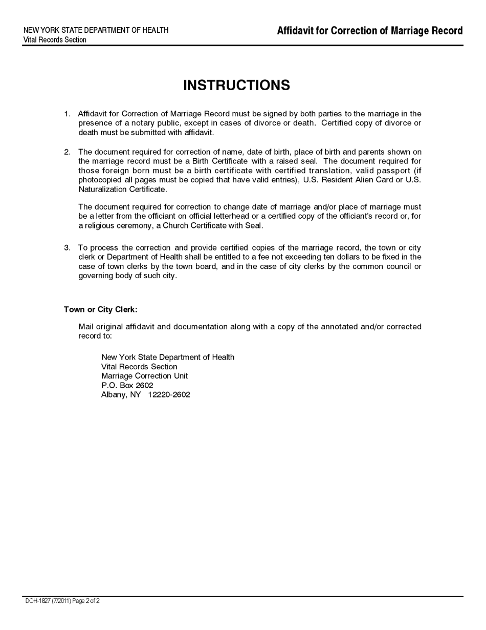 Form DOH-1827 Affidavit for Correction of Marriage Record - New York, Page 2