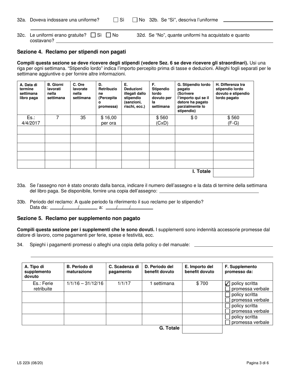 Form LS223I Labor Standards Complaint Form - New York (Italian), Page 5