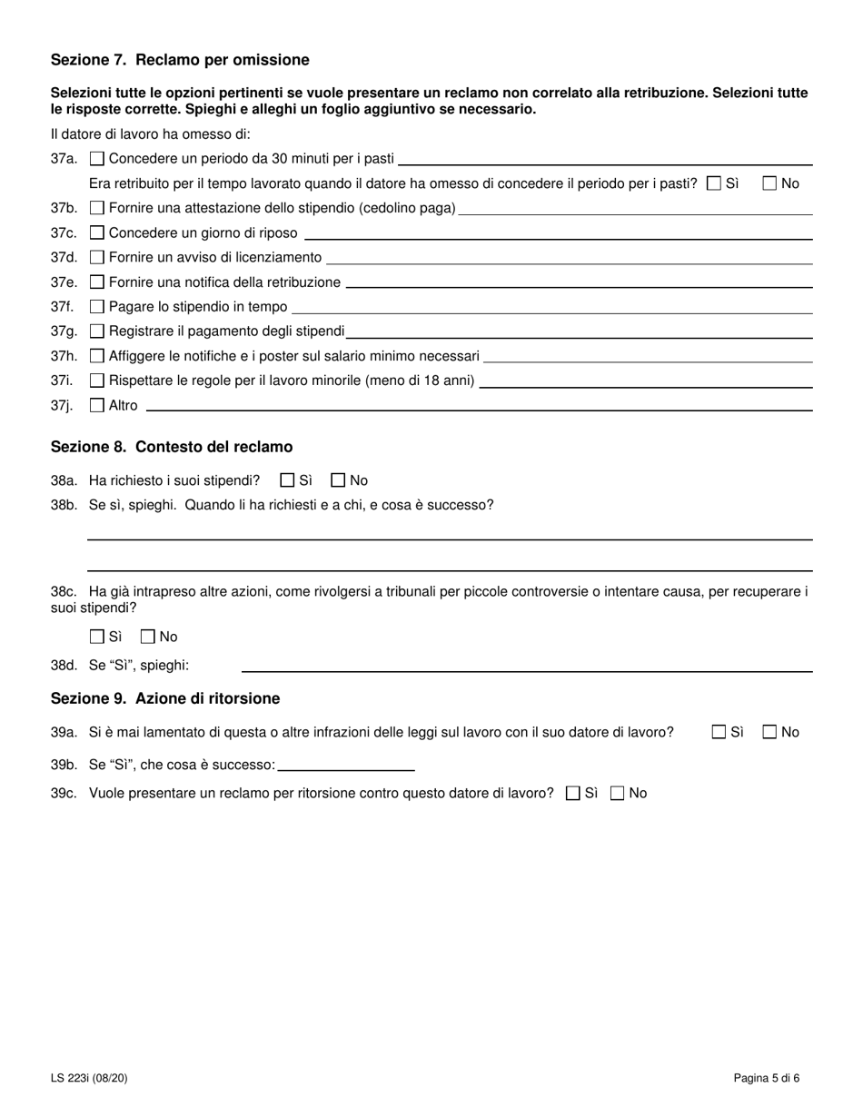 Form LS223I Labor Standards Complaint Form - New York (Italian), Page 7