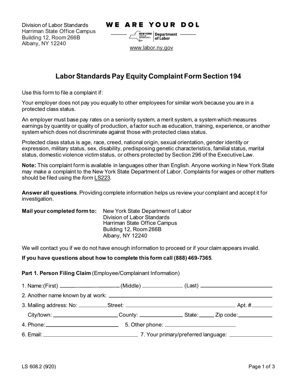 Form LS608.2 Labor Standards Pay Equity Complaint Form Section 194 - New York, Page 1