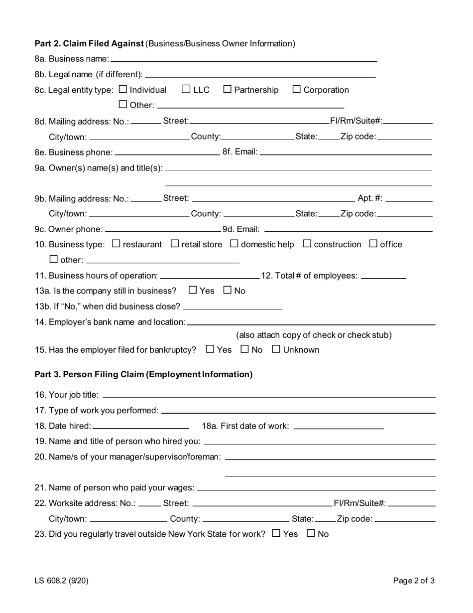 Form LS608.2 Labor Standards Pay Equity Complaint Form Section 194 - New York, Page 2
