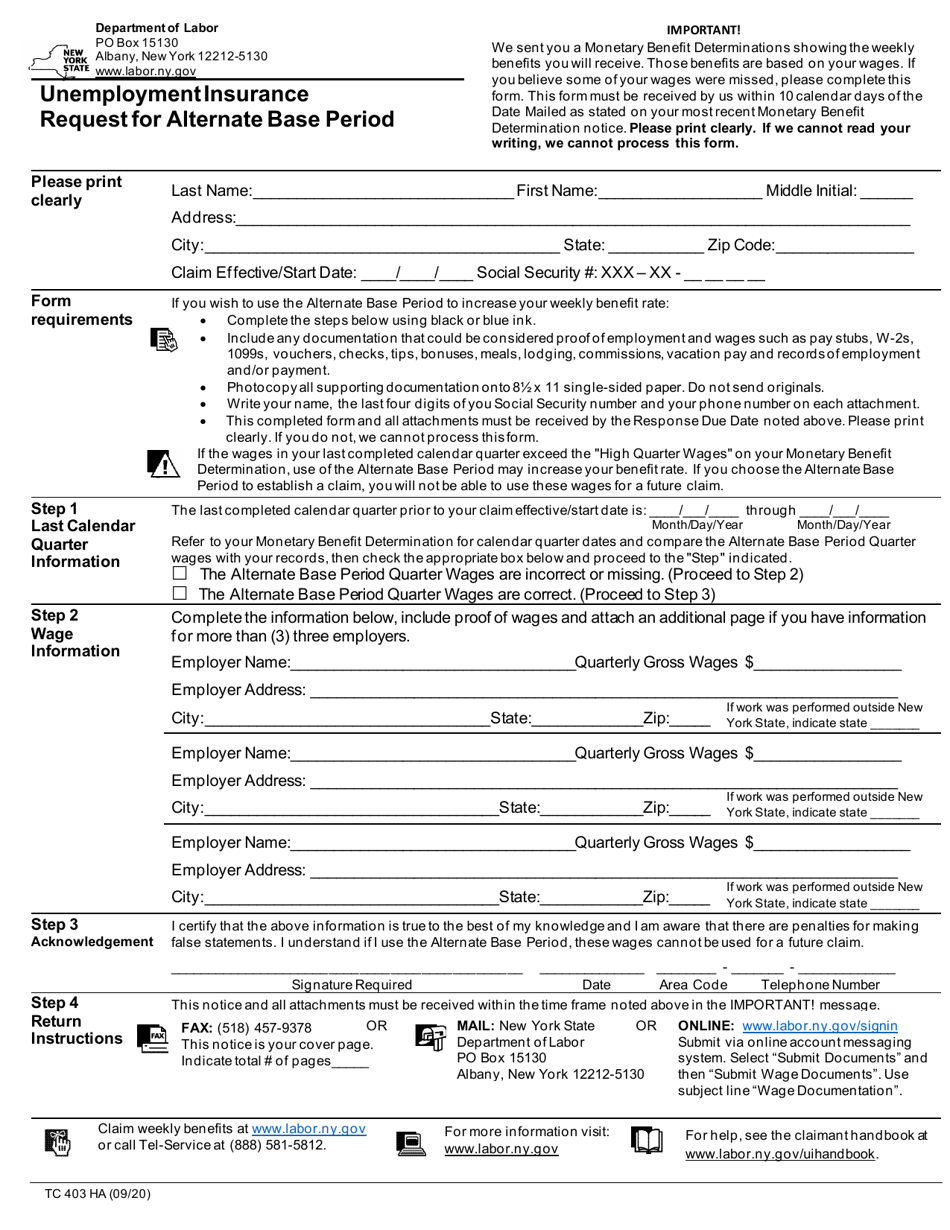 Form Tc403 Ha Download Printable Pdf Or Fill Online Unemployment Insurance Request For Alternate Base Period New York Templateroller