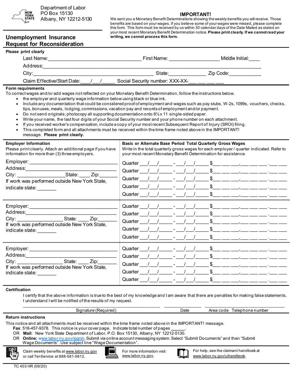 Form TC403 HR Unemployment Insurance Request for Reconsideration - New York, Page 1