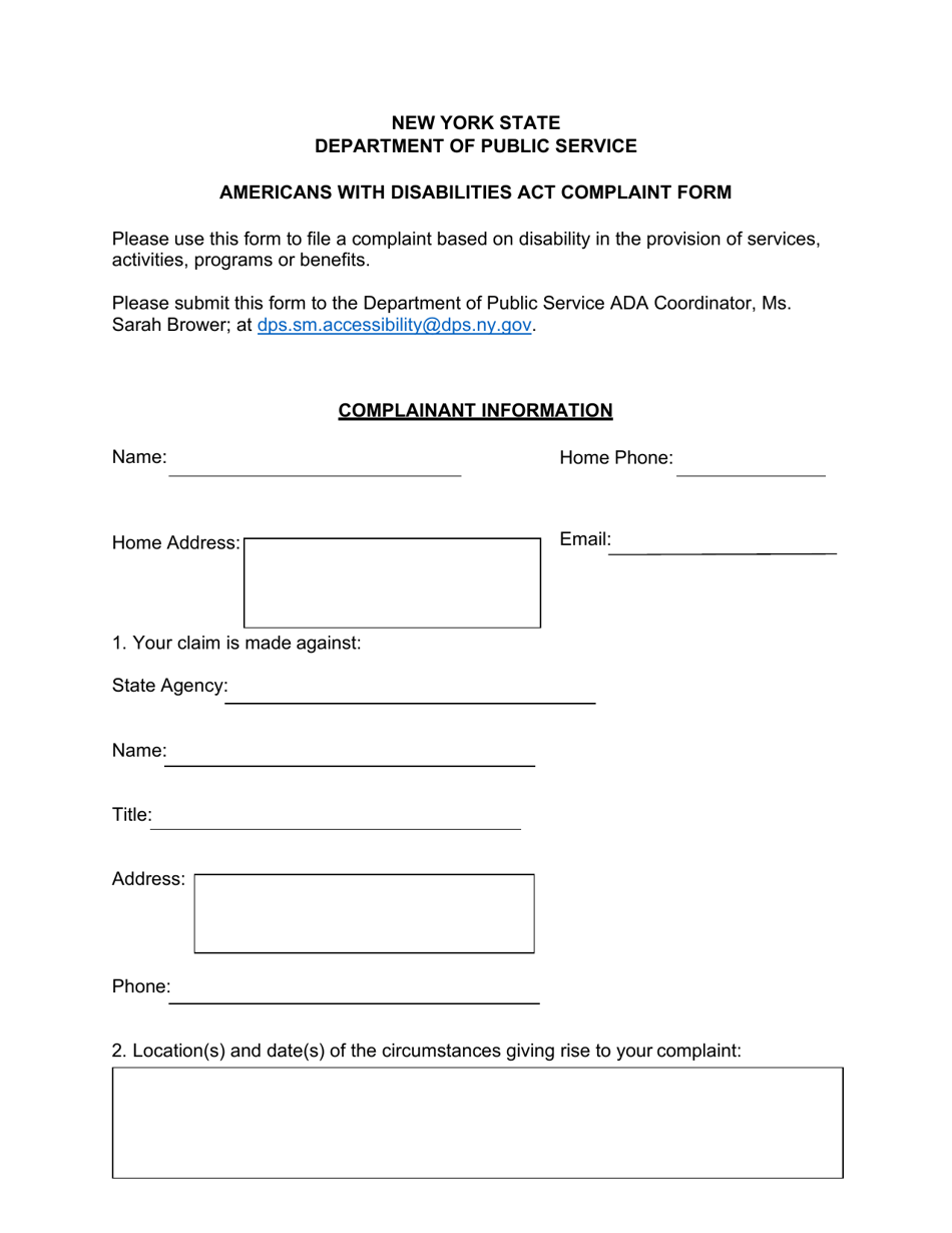 Americans With Disabilities Act Complaint Form - New York, Page 1