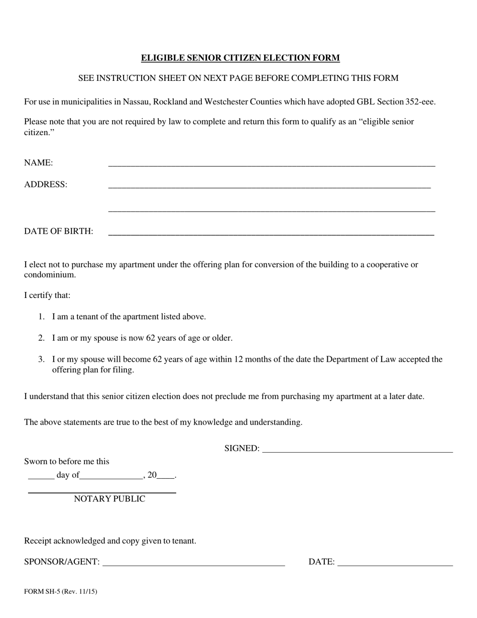 Form SH-5 Eligible Senior Citizen Election Form - New York, Page 1
