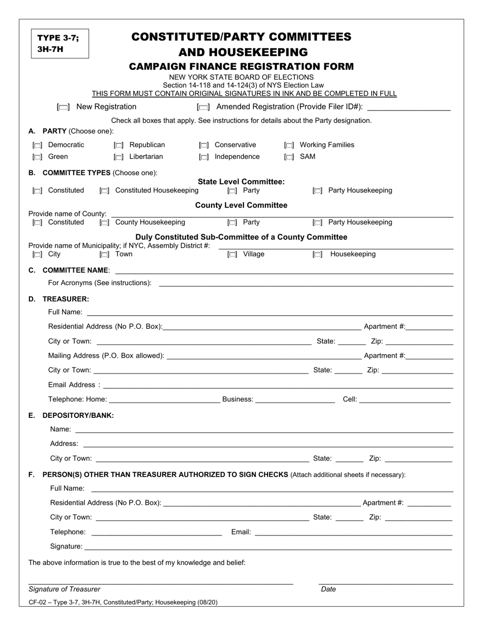 Form CF-02 Type 3-7, 3H-7H Constituted / Party Committees and Housekeeping Campaign Finance Registration Form - New York, Page 1