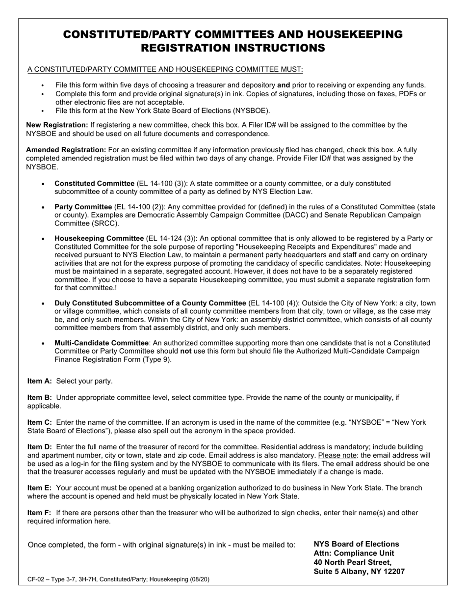 Form CF-02 Type 3-7, 3H-7H Constituted / Party Committees and Housekeeping Campaign Finance Registration Form - New York, Page 2