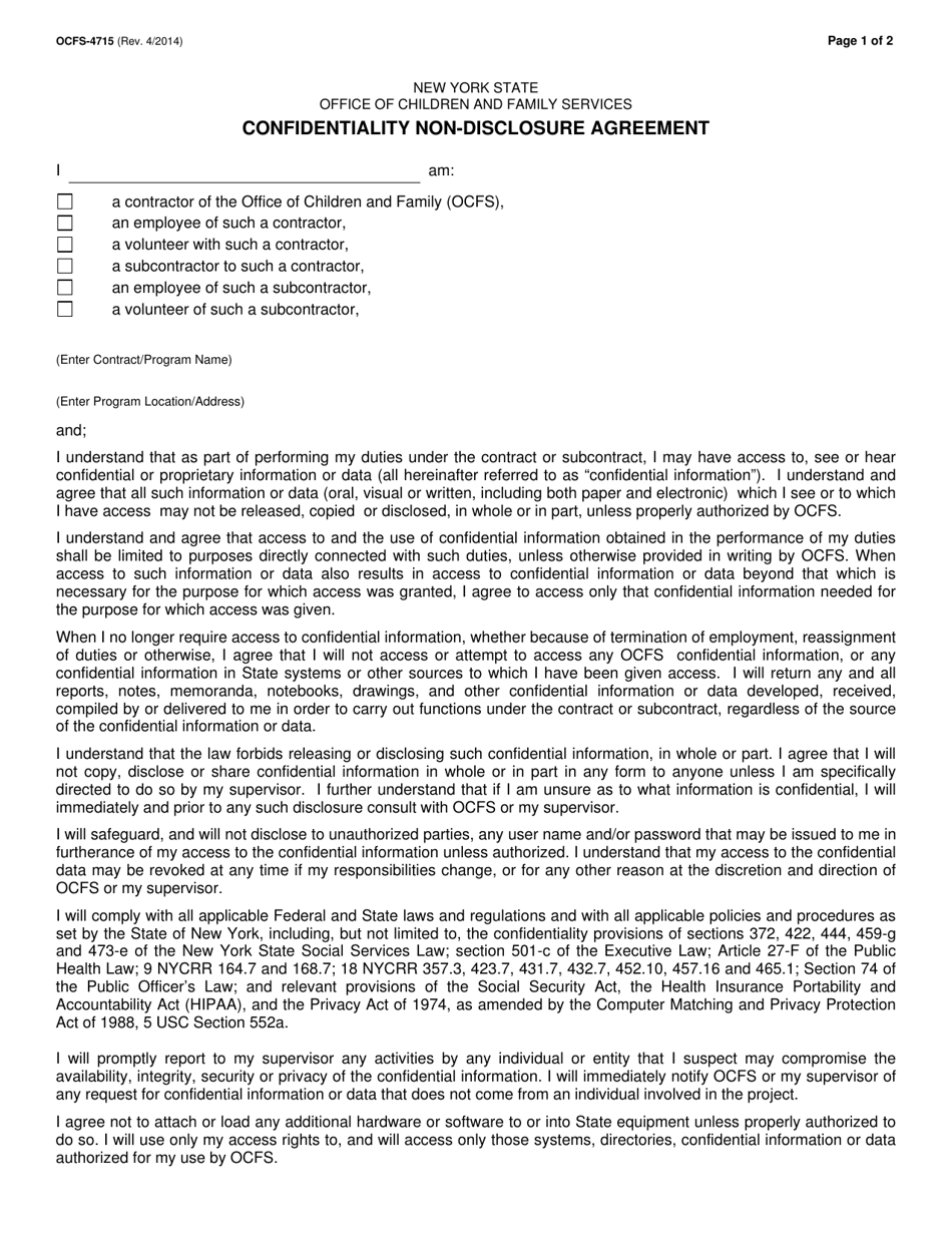 Form OCFS-4715 Confidentiality Non-disclosure Agreement - New York, Page 1