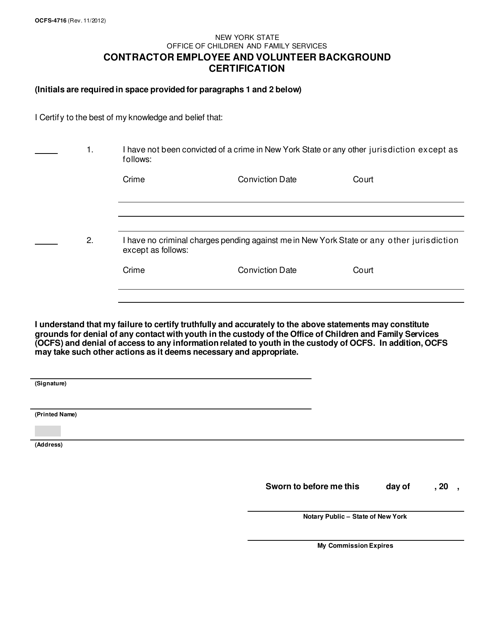 Form OCFS-4716 Contractor Employee and Volunteer Background Certification - New York