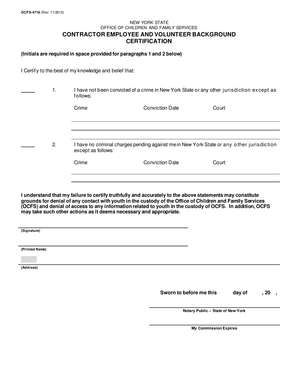 Form OCFS-4716 Contractor Employee and Volunteer Background Certification - New York, Page 1