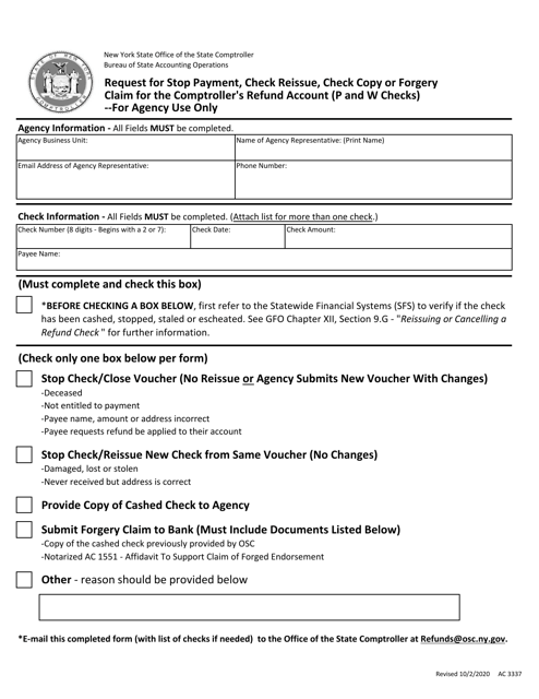 Form AC3337 Request for Stop Payment, Check Reissue, Check Copy or Forgery Claim for the Comptroller's Refund Account (P and W Checks) - New York