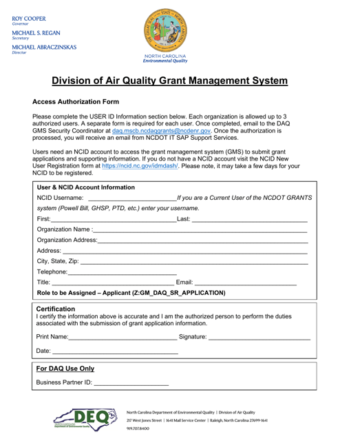 Access Authorization Form - North Carolina Download Pdf