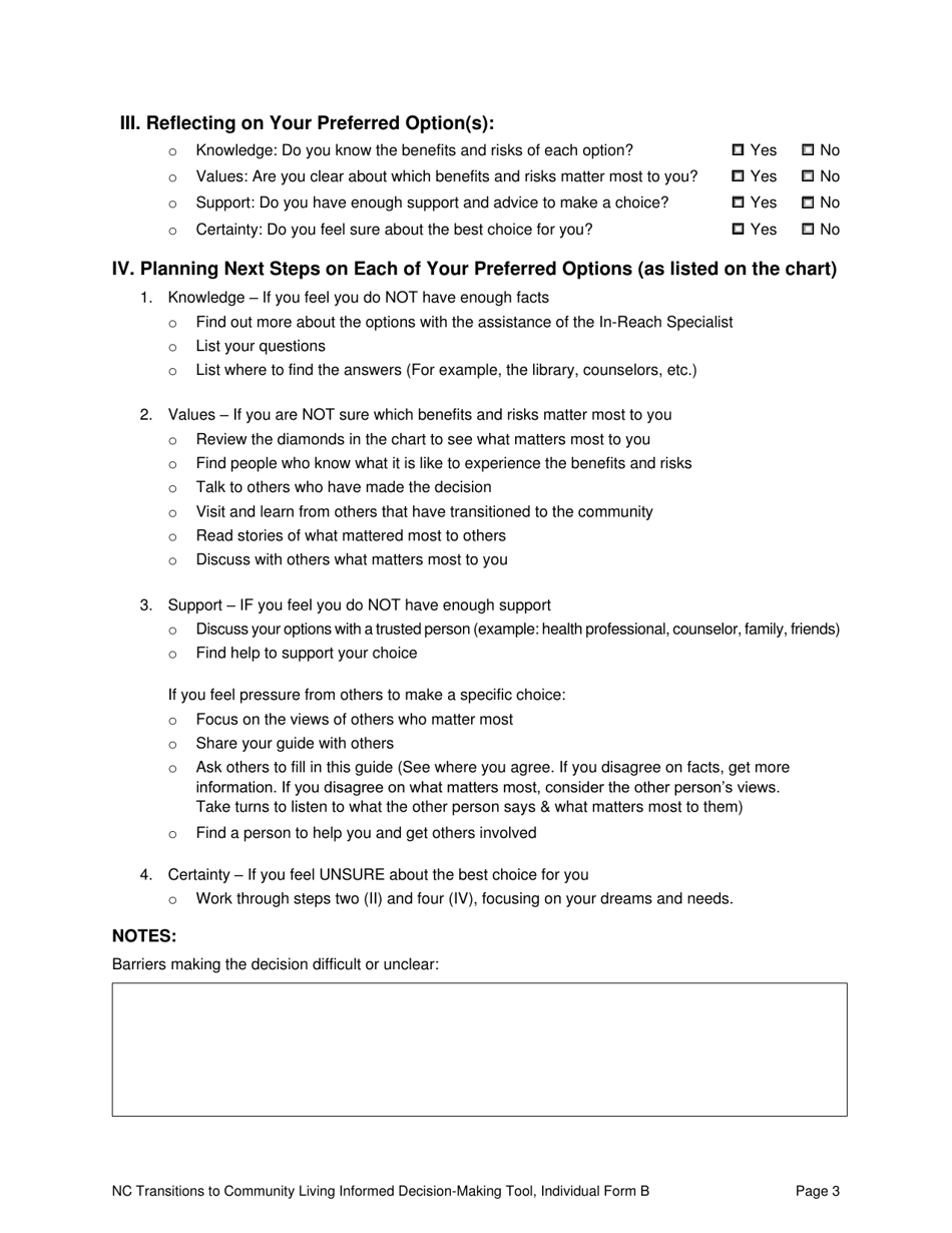 Individual Form B North Carolina Transitions to Community Living Initiative Informed Decision-Making Tool - North Carolina, Page 3