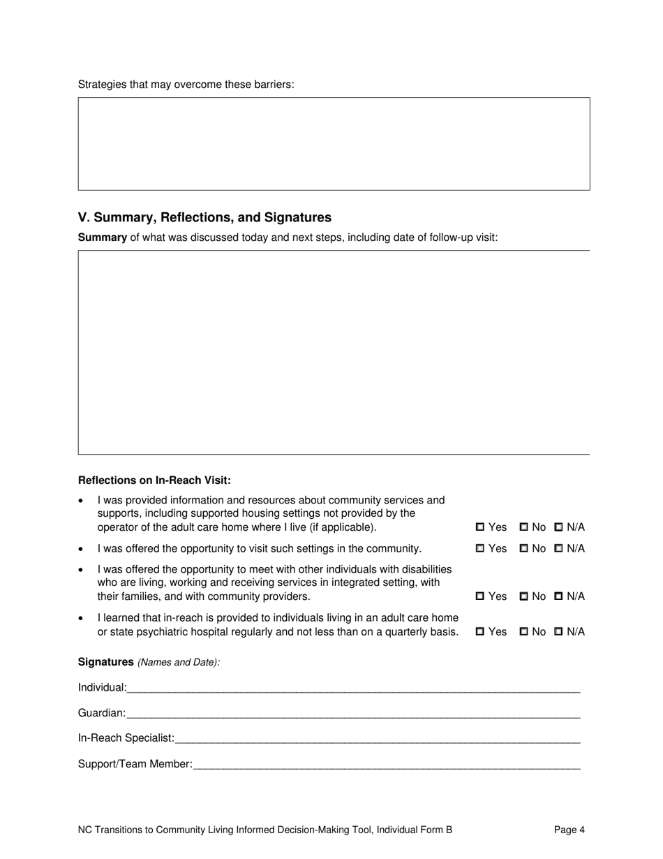 Individual Form B North Carolina Transitions to Community Living Initiative Informed Decision-Making Tool - North Carolina, Page 4