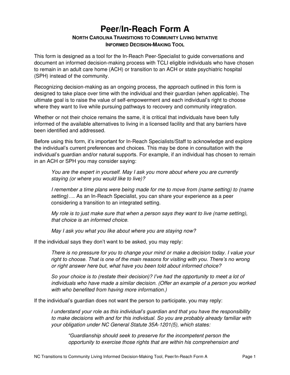 Peer / In-Reach Form A North Carolina Transitions to Community Living Initiative Informed Decision-Making Tool - North Carolina, Page 1