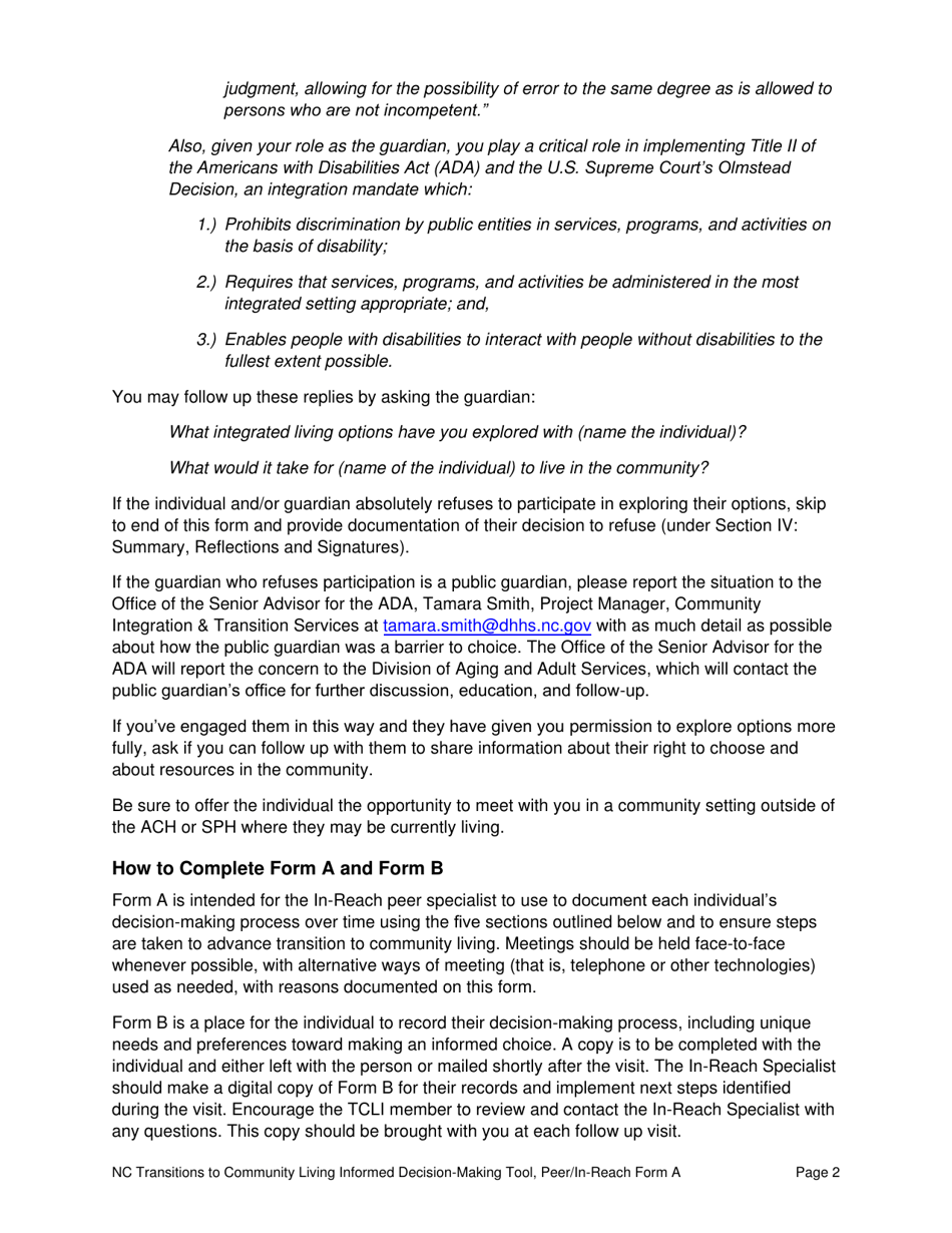 Peer / In-Reach Form A North Carolina Transitions to Community Living Initiative Informed Decision-Making Tool - North Carolina, Page 2