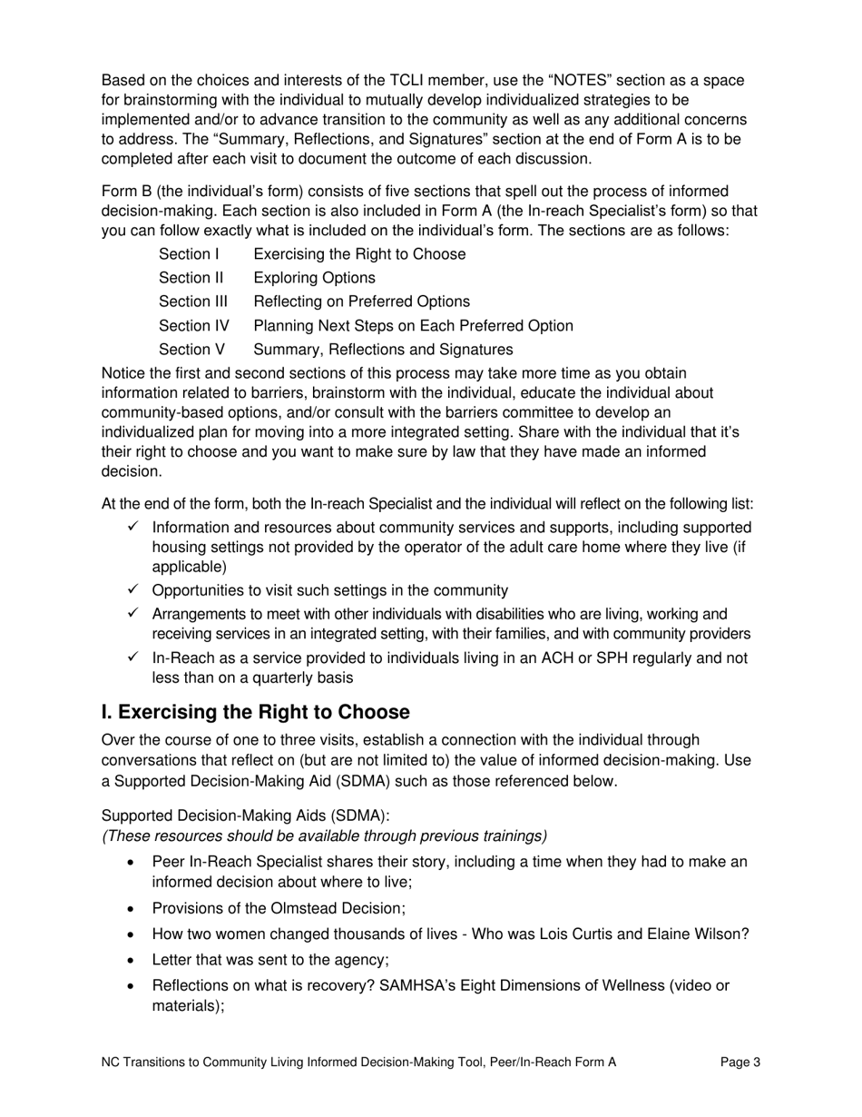 Peer / In-Reach Form A North Carolina Transitions to Community Living Initiative Informed Decision-Making Tool - North Carolina, Page 3