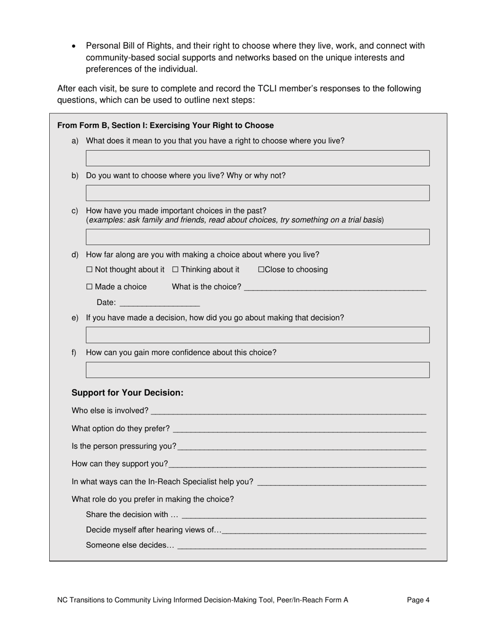Peer / In-Reach Form A North Carolina Transitions to Community Living Initiative Informed Decision-Making Tool - North Carolina, Page 4