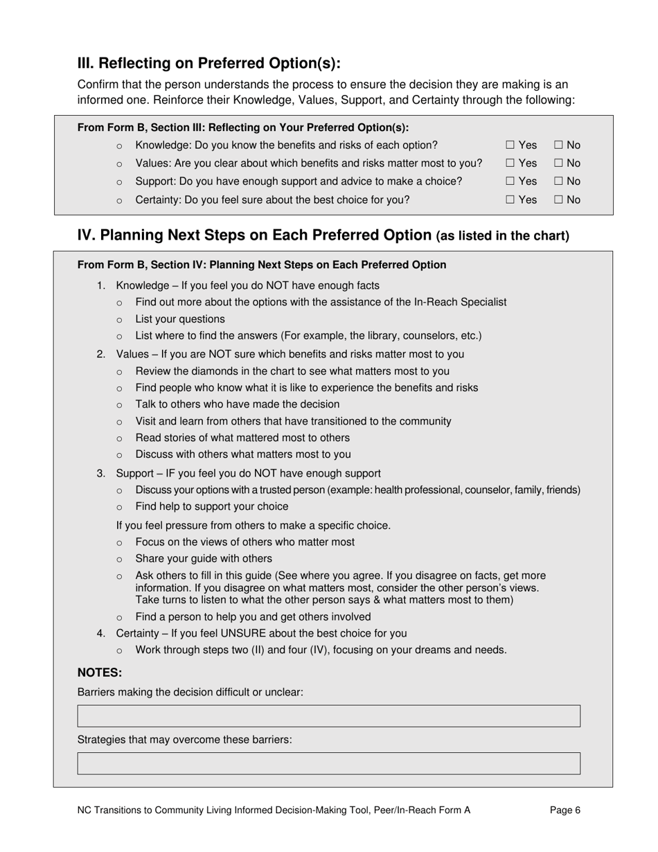 Peer / In-Reach Form A North Carolina Transitions to Community Living Initiative Informed Decision-Making Tool - North Carolina, Page 6