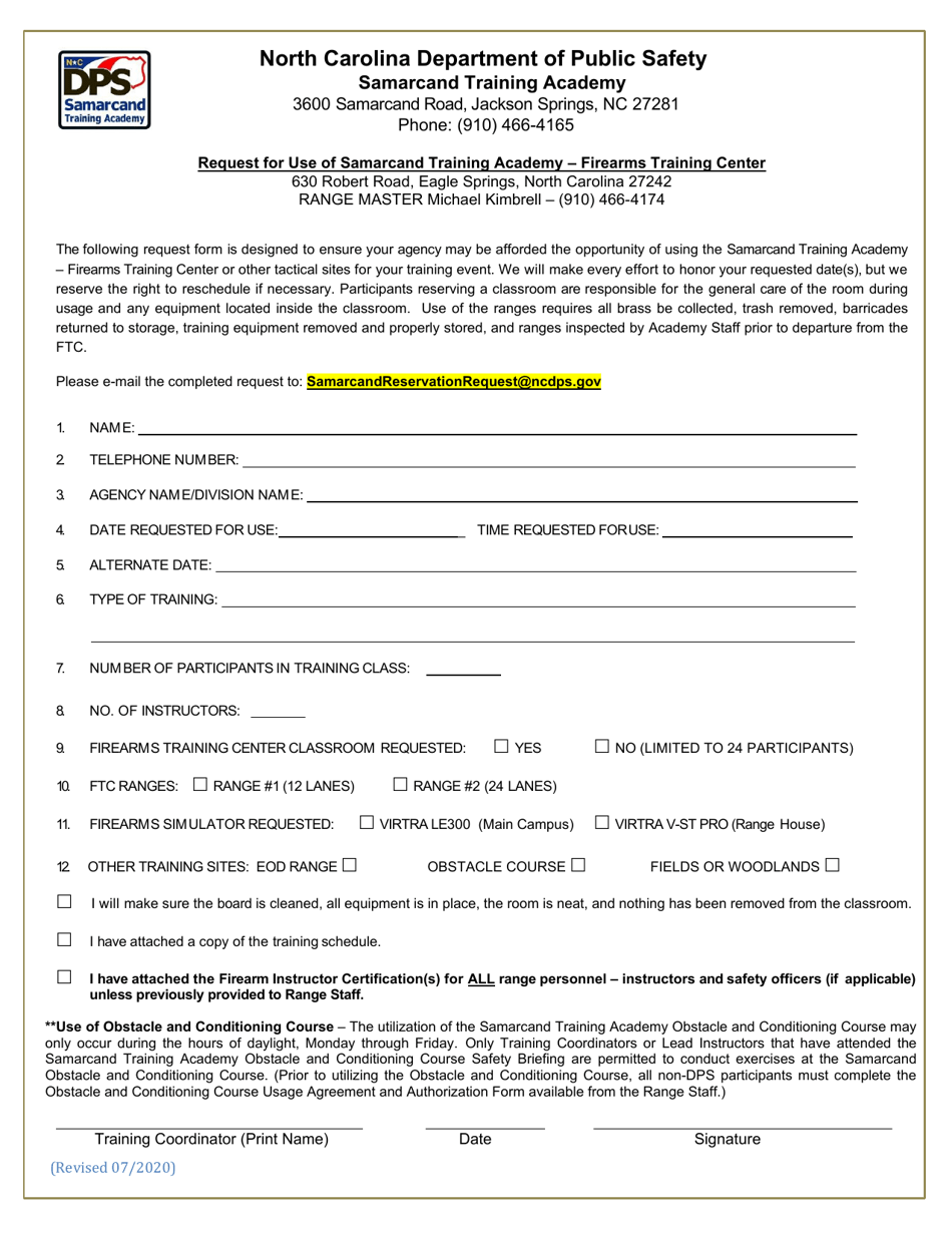 Request for Use of Samarcand Training Academy - Firearms Training Center - North Carolina, Page 1