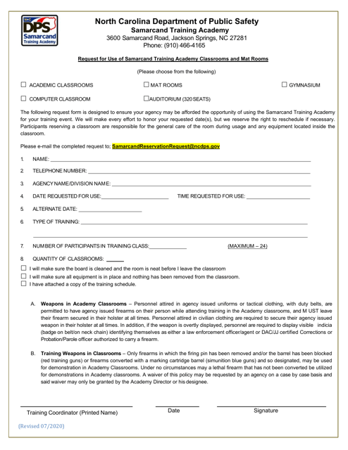 Request for Use of Samarcand Training Academy Classrooms and Mat Rooms - North Carolina Download Pdf