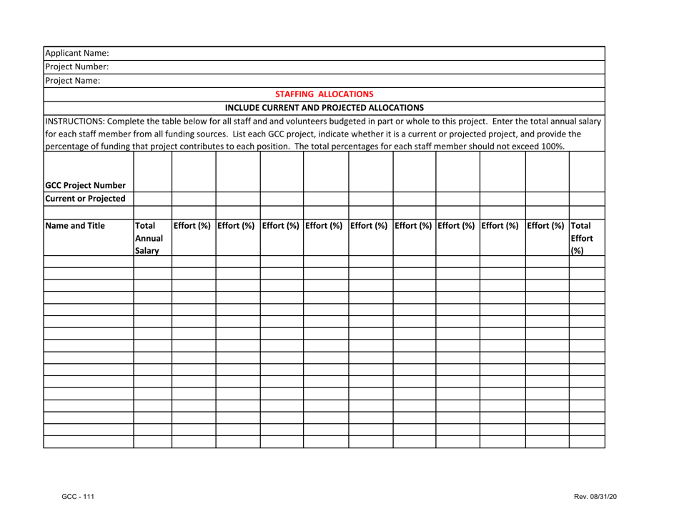 Form GCC-111 Staffing Allocation Form - North Carolina, Page 1