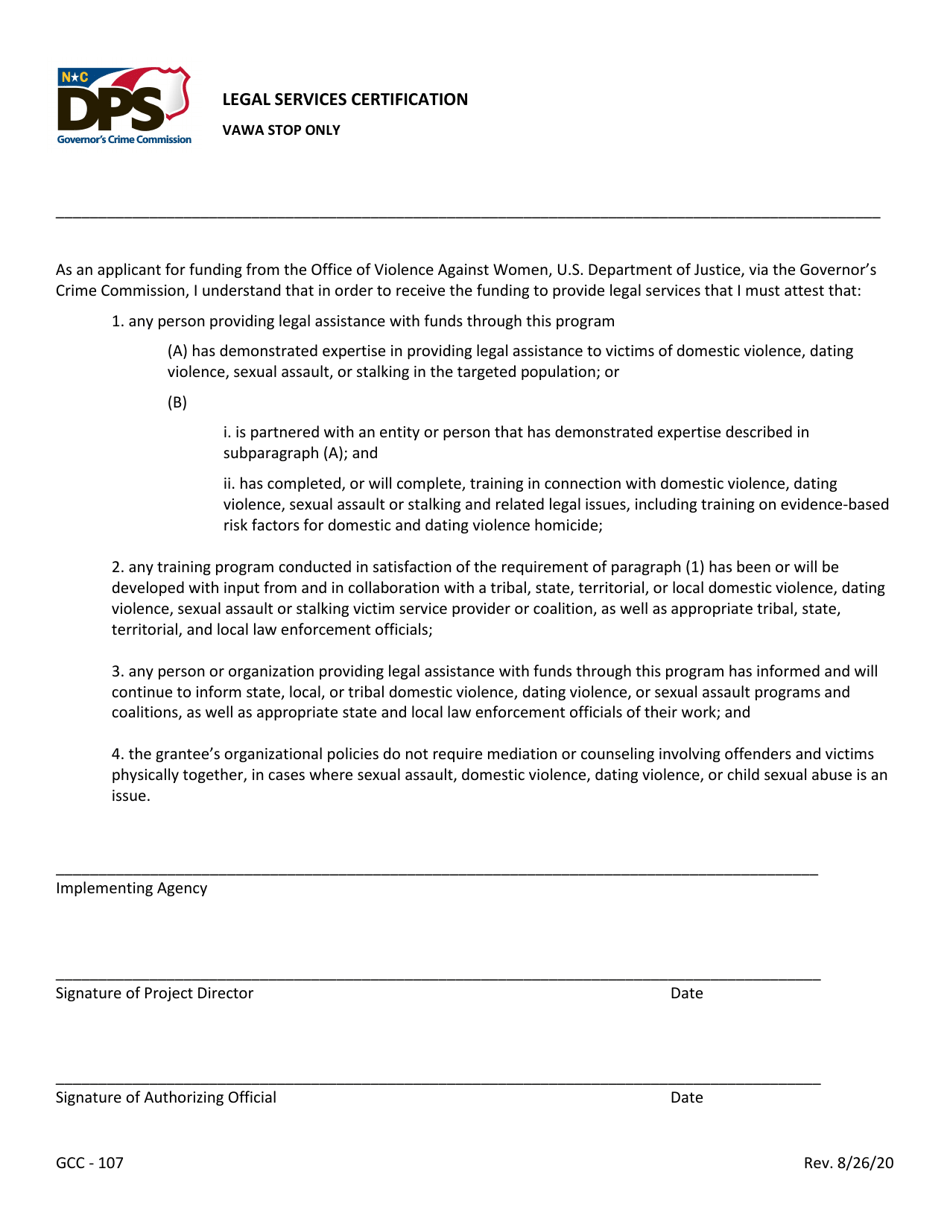 Form GCC-107 Legal Services Certification - North Carolina, Page 1