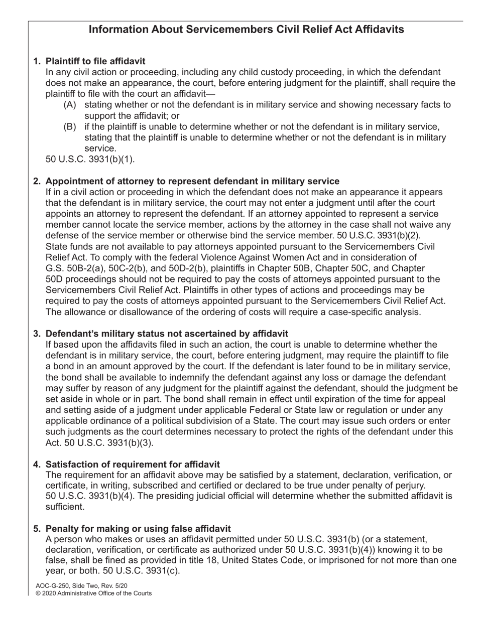 Form AOC-G-250 Servicemembers Civil Relief Act Affidavit - North Carolina, Page 2