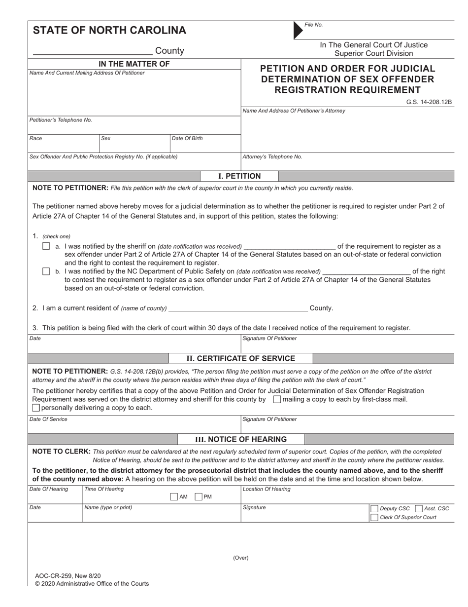 Form AOC-CR-259 Petition and Order for Judicial Determination of Sex Offender Registration Requirement - North Carolina, Page 1