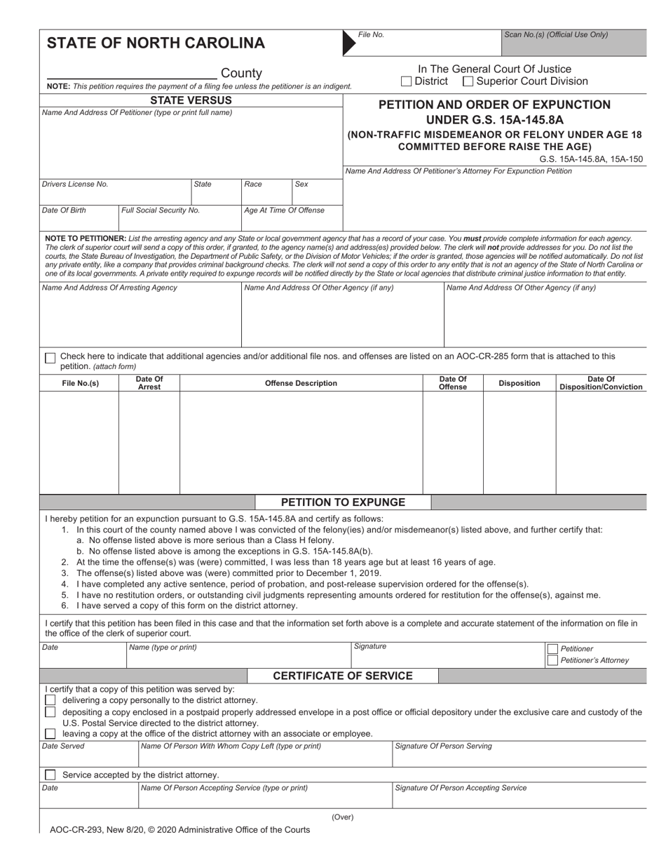 Form AOC-CR-293 Petition and Order of Expunction Under G.s. 15a-145.8a (Non-traffic Misdemeanor or Felony Under Age 18 Committed Before Raise the Age) - North Carolina, Page 1